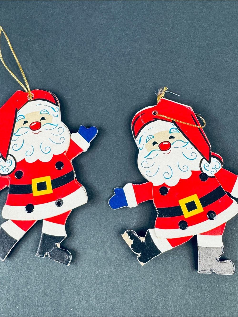 Vintage 2 Christmas Ornament Decor Cardboard Die Cut Santa Claus Posable Joints